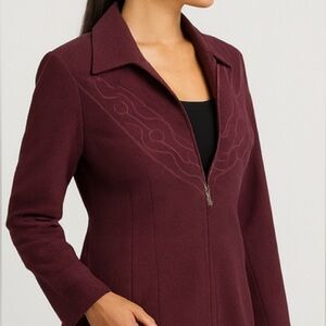 Dressbarn Burgundy‎ Embroidered Zip Front Collar Jacket Women Size 10